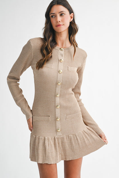 Lurex Ribbed Knit Long Sleeve Mini Dress