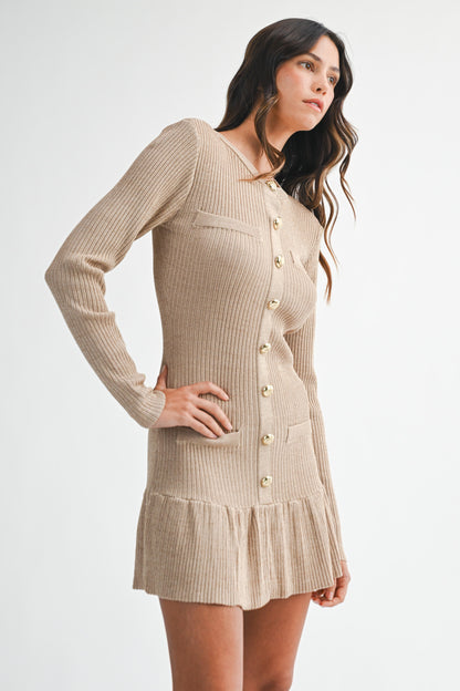 Lurex Ribbed Knit Long Sleeve Mini Dress