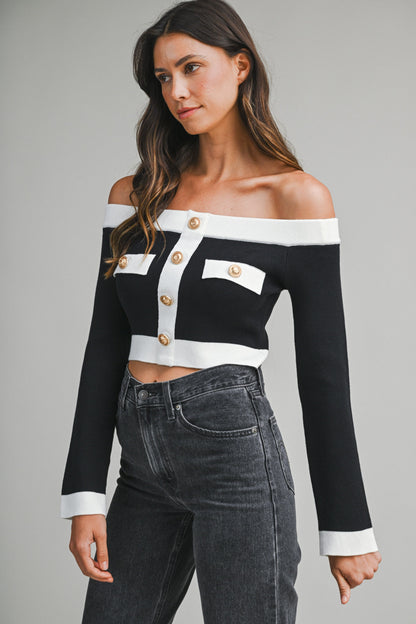Off Shoulder Contrast Trim Knit Cropped Sweater