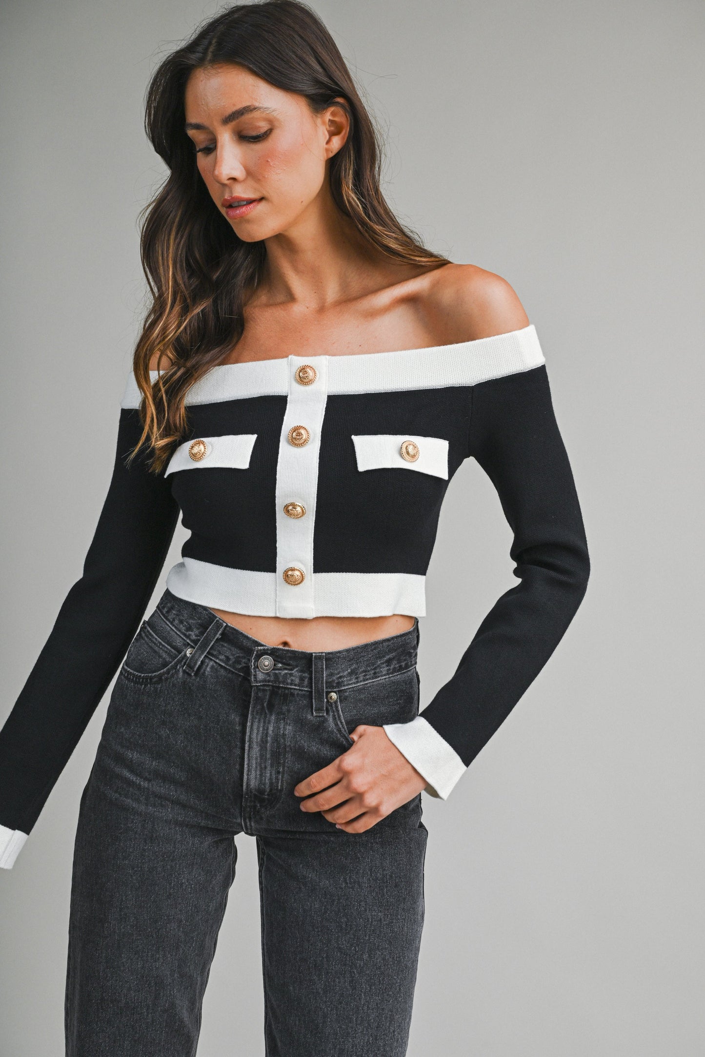 Off Shoulder Contrast Trim Knit Cropped Sweater