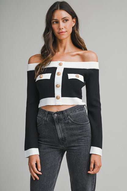 Off Shoulder Contrast Trim Knit Cropped Sweater