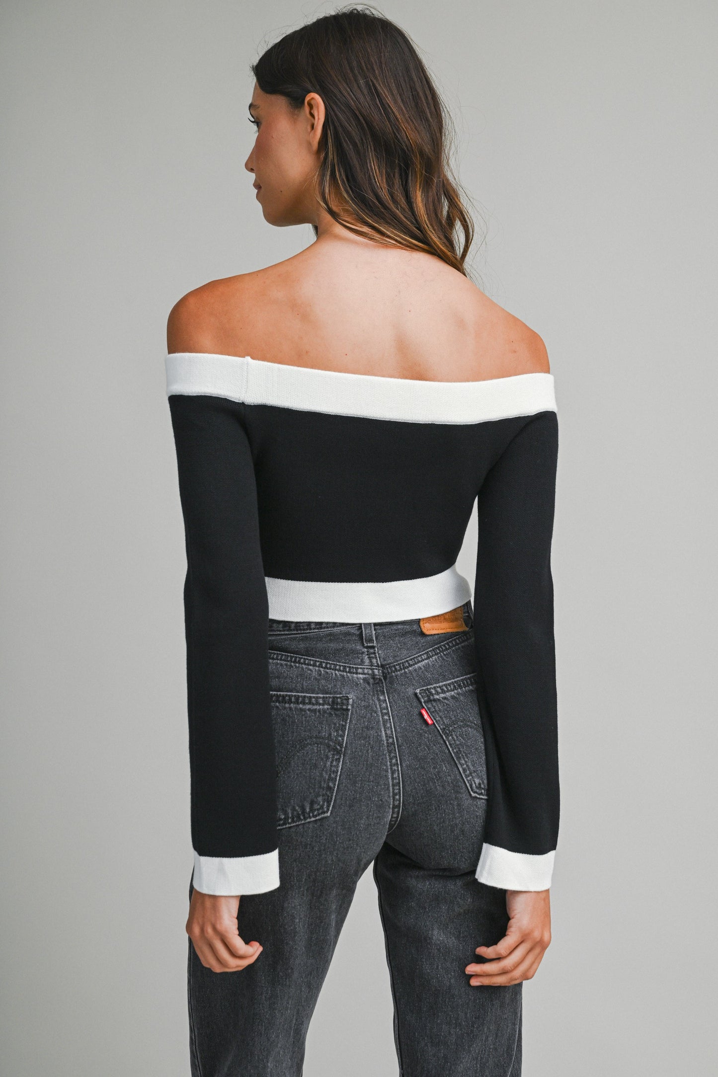 Off Shoulder Contrast Trim Knit Cropped Sweater