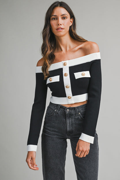 Off Shoulder Contrast Trim Knit Cropped Sweater
