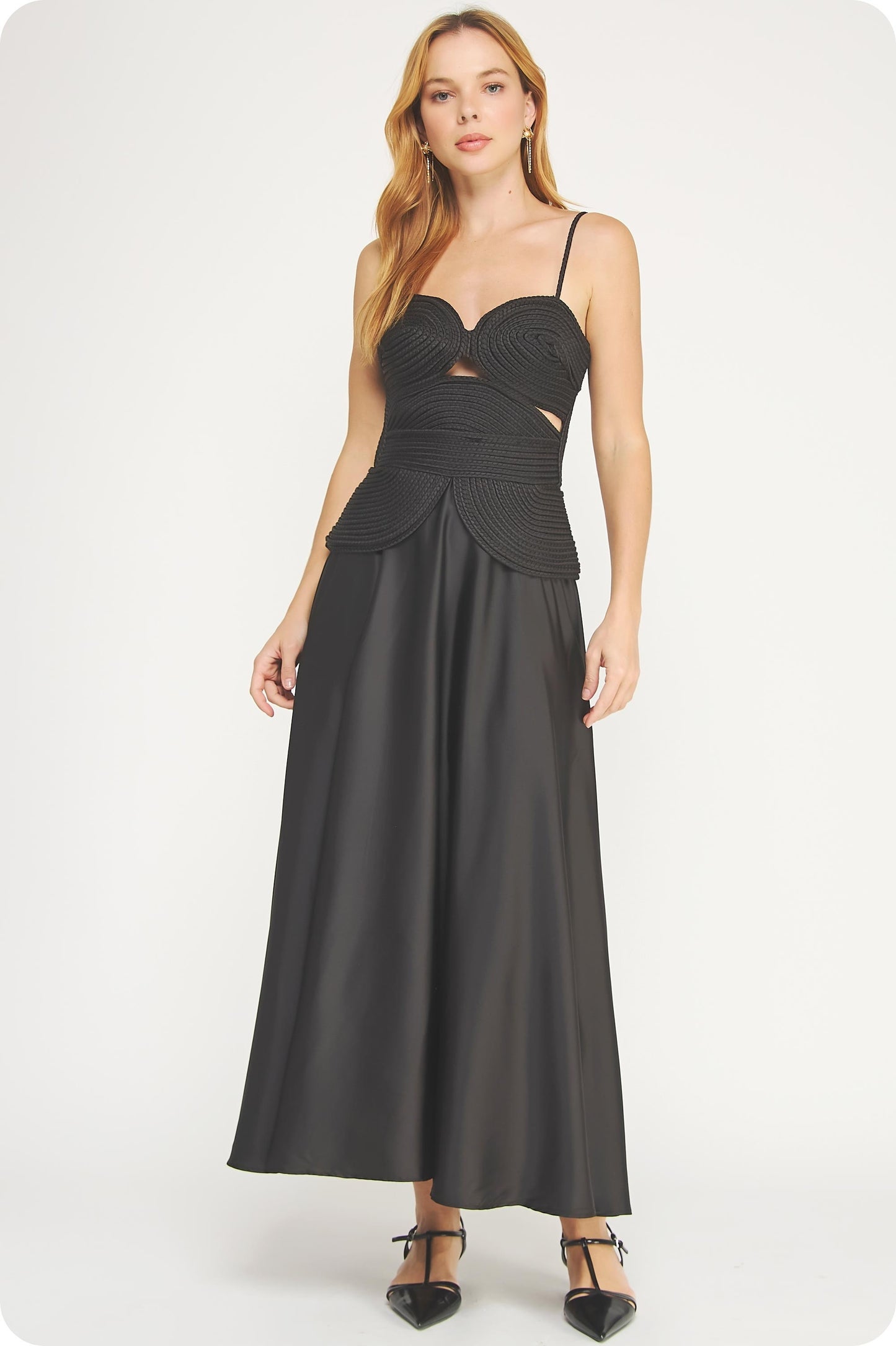 Matelasse Braided Detail Satin Midi Dress//AVAILABLE IN USA//