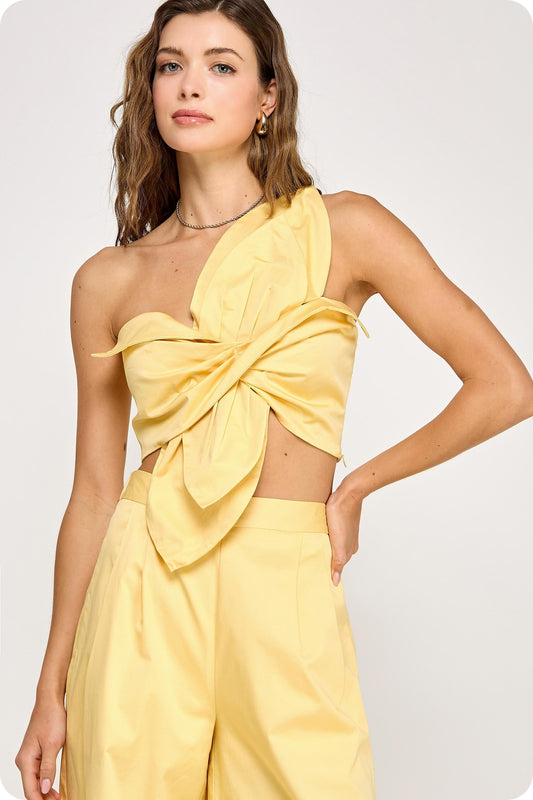 One-shoulder Knotted Flower Bow Crop Top &pants Set//AVAILABLE IN USA//