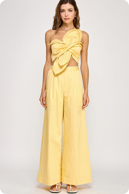 One-shoulder Knotted Flower Bow Crop Top &pants Set//AVAILABLE IN USA//