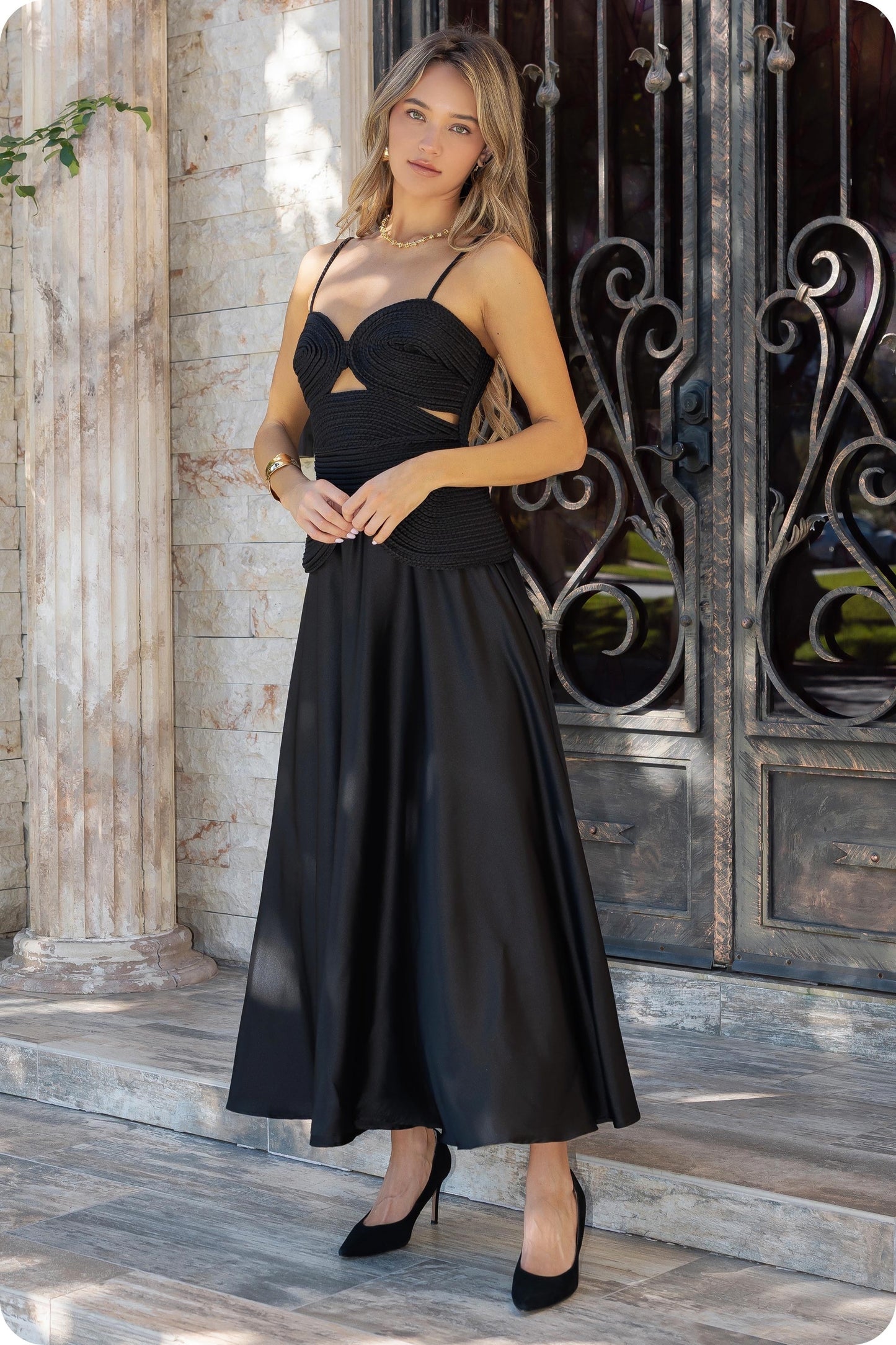 Matelasse Braided Detail Satin Midi Dress//AVAILABLE IN USA//