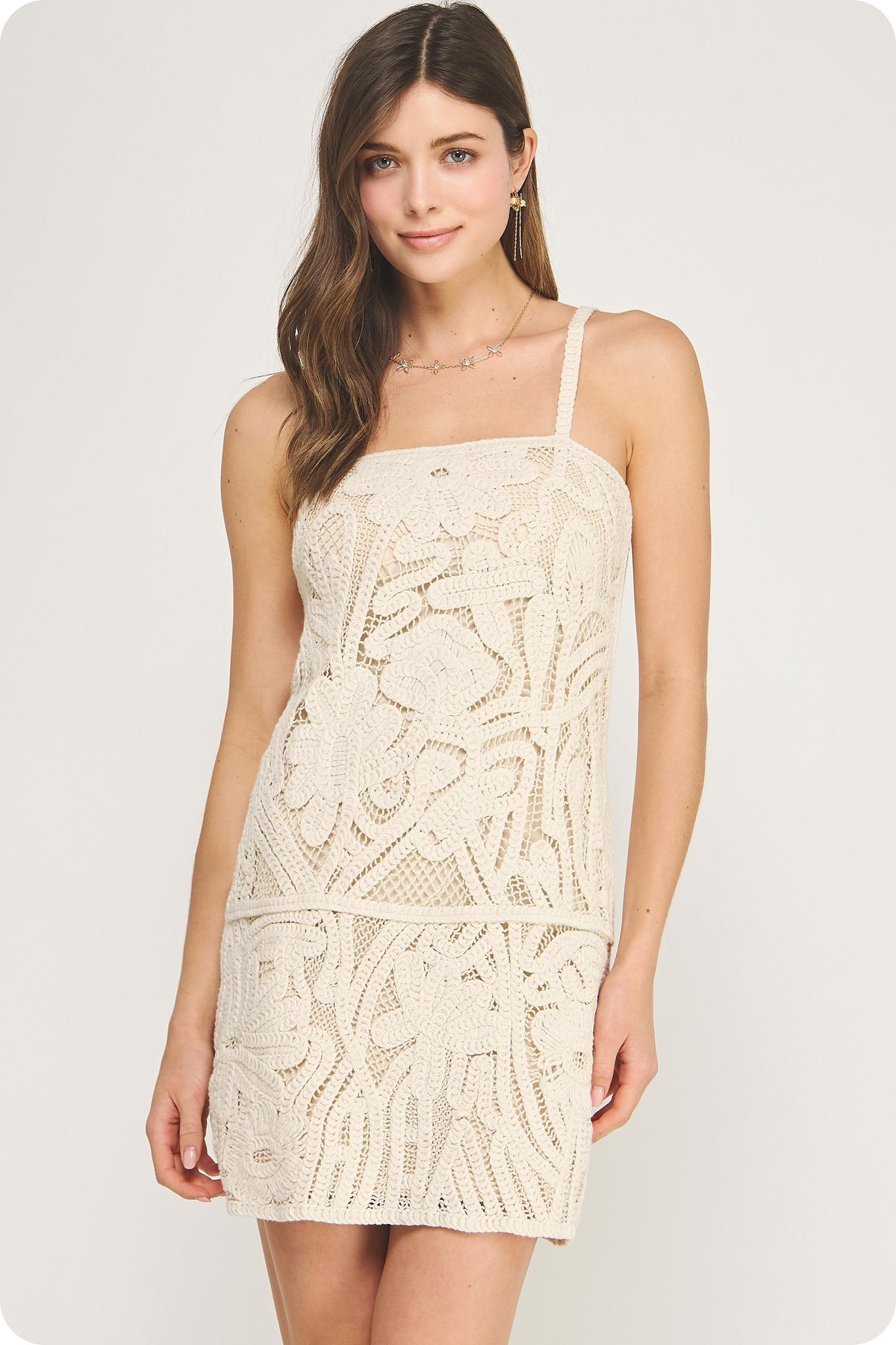 Floral Crochet Layered Mini Dress