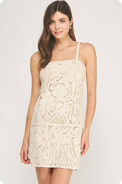 Floral Crochet Layered Mini Dress