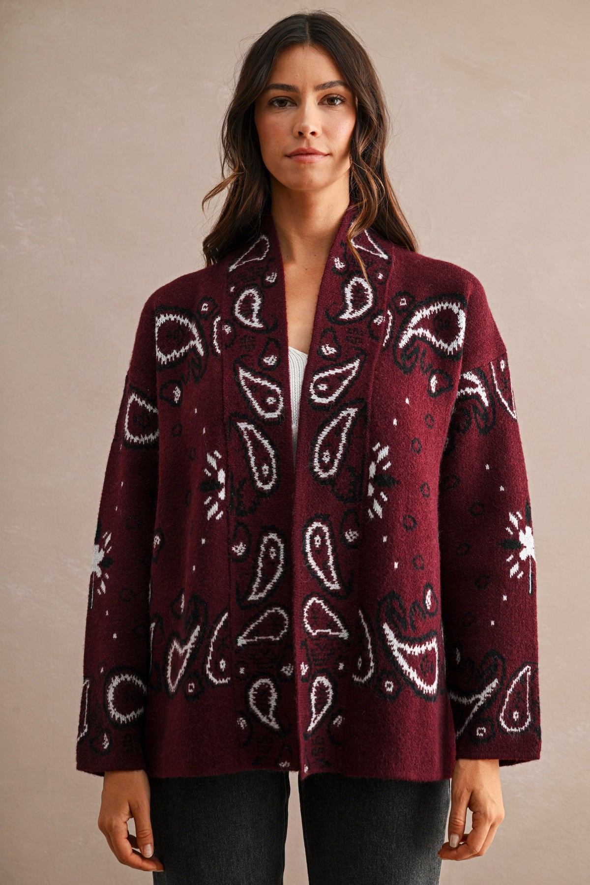 Paisley Pattern Knit Open Front Shawl Collar Cardigan  //PREORDER//