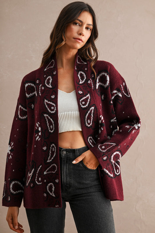 Paisley Pattern Knit Open Front Shawl Collar Cardigan  //PREORDER//