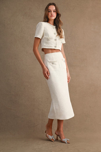 Tweed Jewel Trim Button Down Jacket And Skirt Set//PREORDER//
