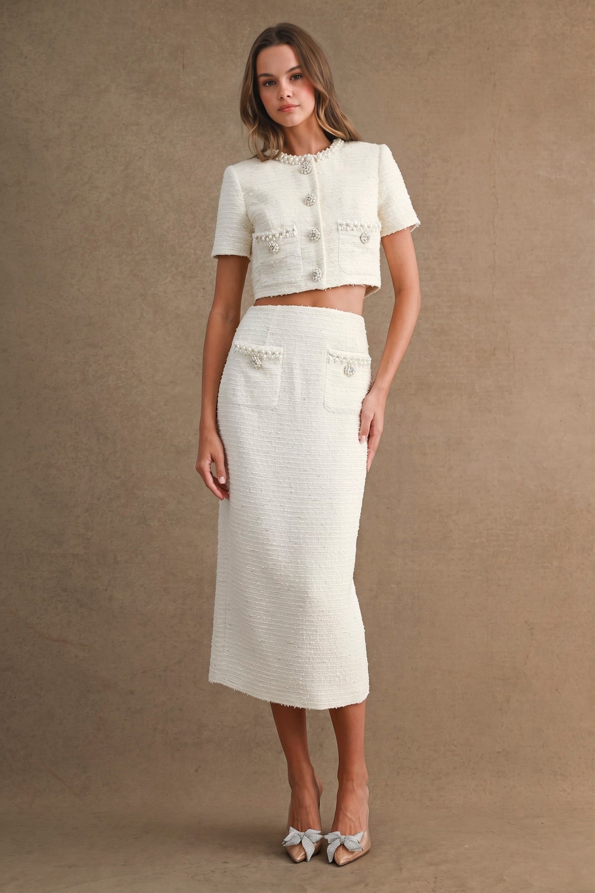 Tweed Jewel Trim Button Down Jacket And Skirt Set//PREORDER//