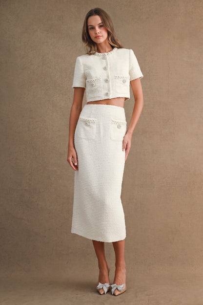 Tweed Jewel Trim Button Down Jacket And Skirt Set//PREORDER//
