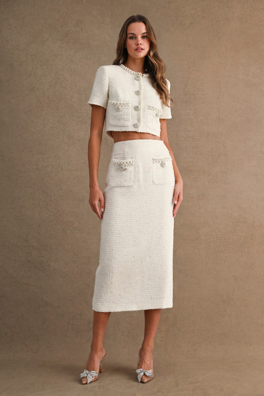 Tweed Jewel Trim Button Down Jacket And Skirt Set//PREORDER//