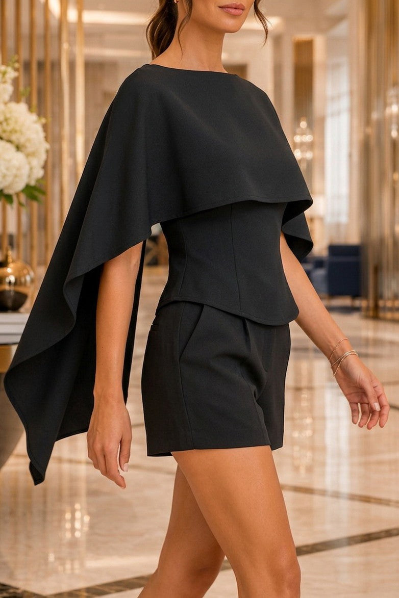 Black Asymmetrical Cape Overlay Peplum Top  //Preorder//