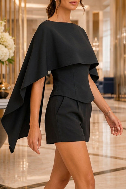 Black Asymmetrical Cape Overlay Peplum Top  //Preorder//