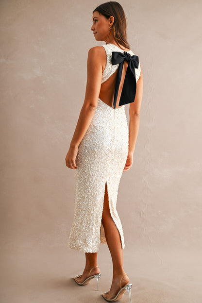 Pearl Embellished And Sequin Open Back Contrast Bow Dress //PREORDER//