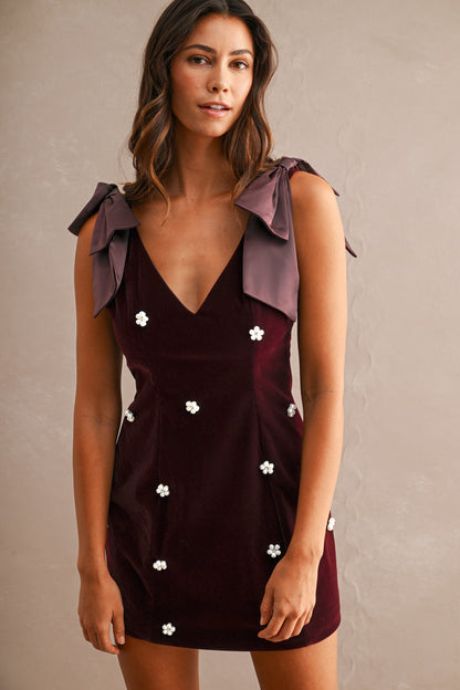 Velvet Deep V Neck Jewel Embellished Shoulder Bow Mini Dress //PRORDER//