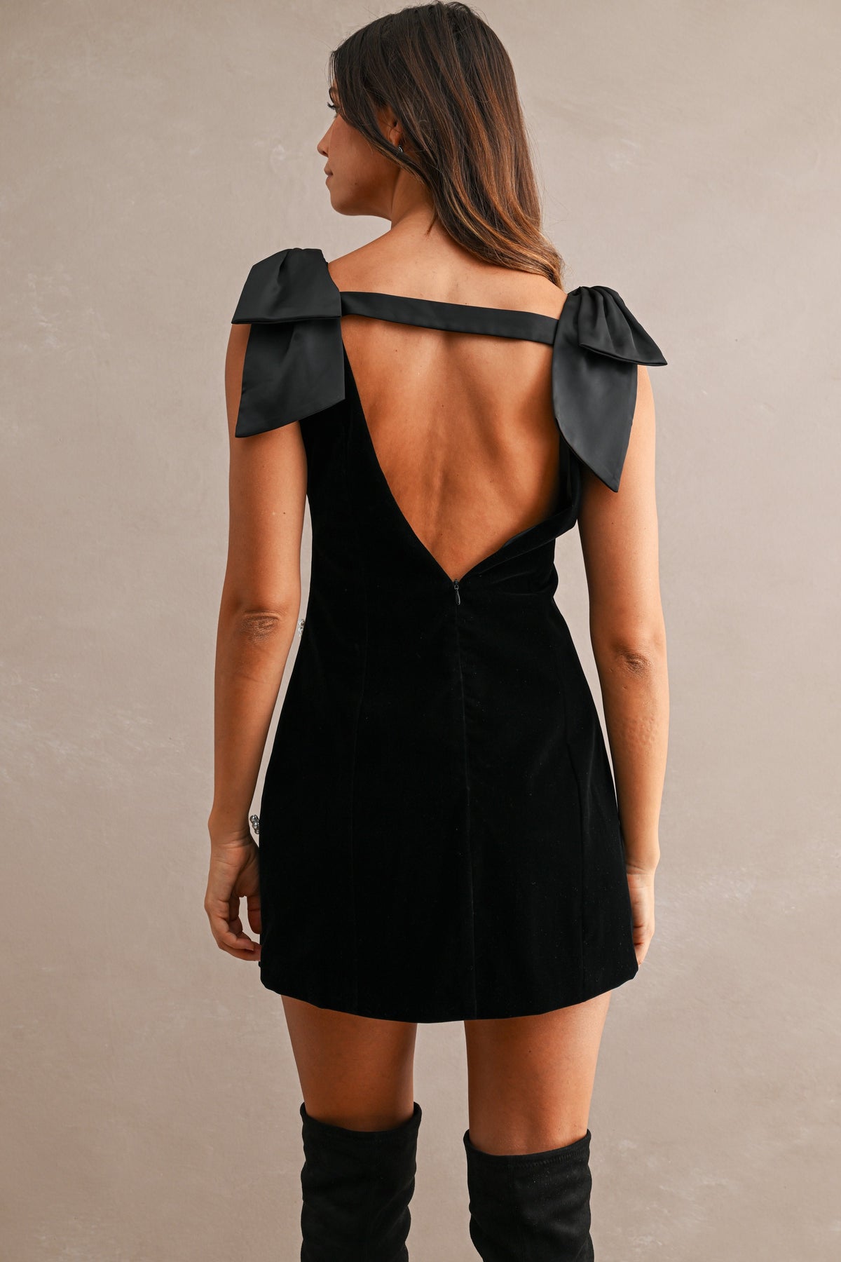 Velvet Deep V Neck Jewel Embellished Shoulder Bow Mini Dress//PREORDER//