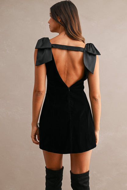 Velvet Deep V Neck Jewel Embellished Shoulder Bow Mini Dress//PREORDER//