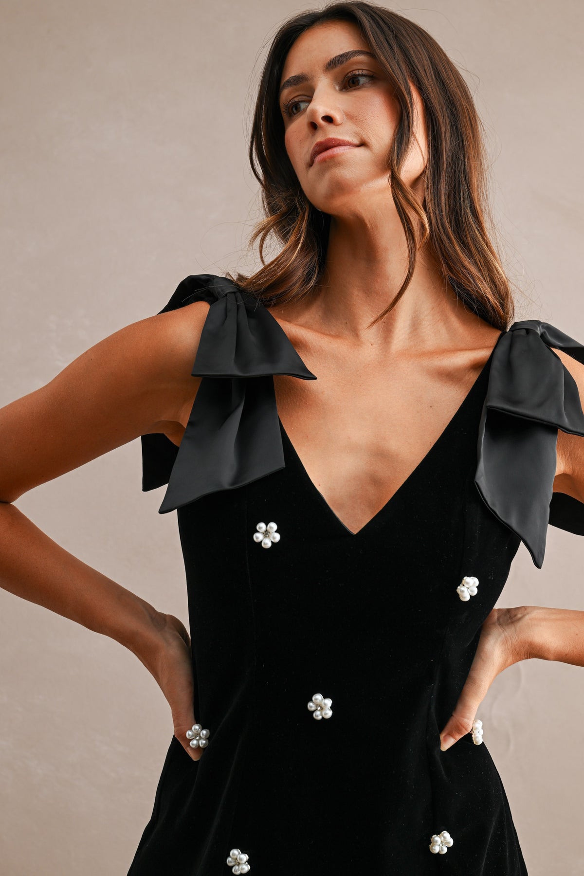 Velvet Deep V Neck Jewel Embellished Shoulder Bow Mini Dress//PREORDER//
