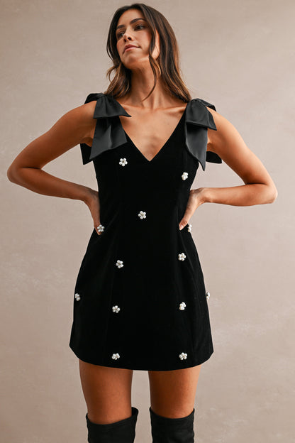 Velvet Deep V Neck Jewel Embellished Shoulder Bow Mini Dress//PREORDER//