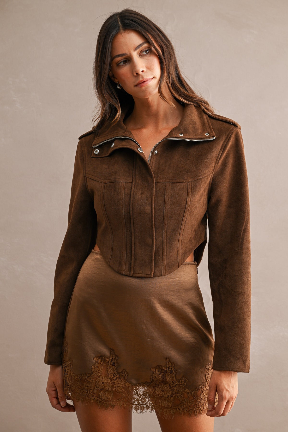 Suede Funnel Neck Side Waist Cutout Cropped Jacket //PREORDER//