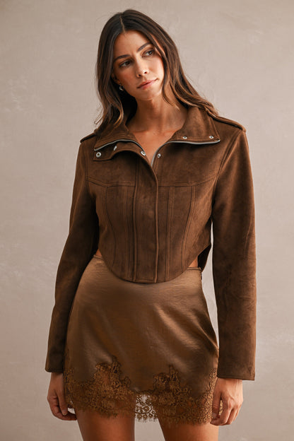 Suede Funnel Neck Side Waist Cutout Cropped Jacket //PREORDER//