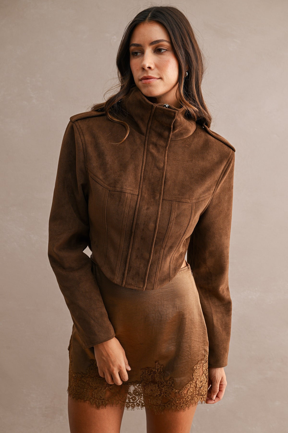 Suede Funnel Neck Side Waist Cutout Cropped Jacket //PREORDER//