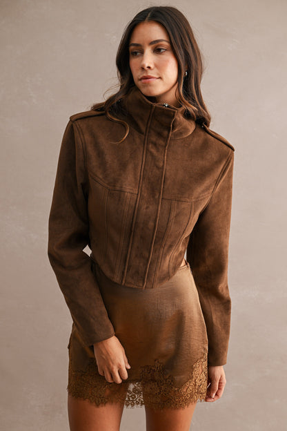 Suede Funnel Neck Side Waist Cutout Cropped Jacket //PREORDER//