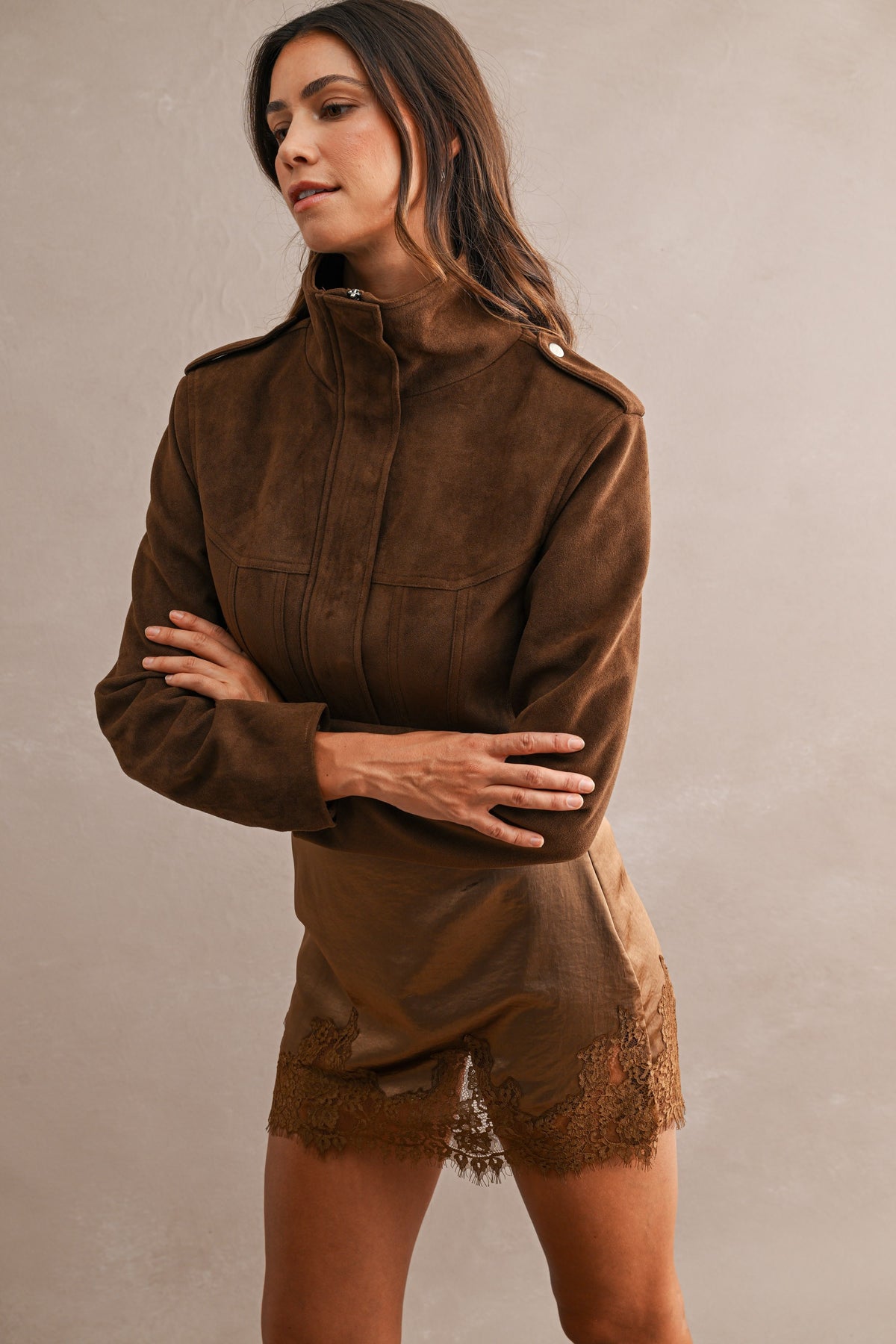 Suede Funnel Neck Side Waist Cutout Cropped Jacket //PREORDER//