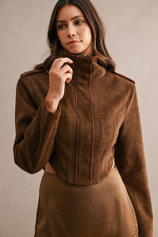 Suede Funnel Neck Side Waist Cutout Cropped Jacket //PREORDER//