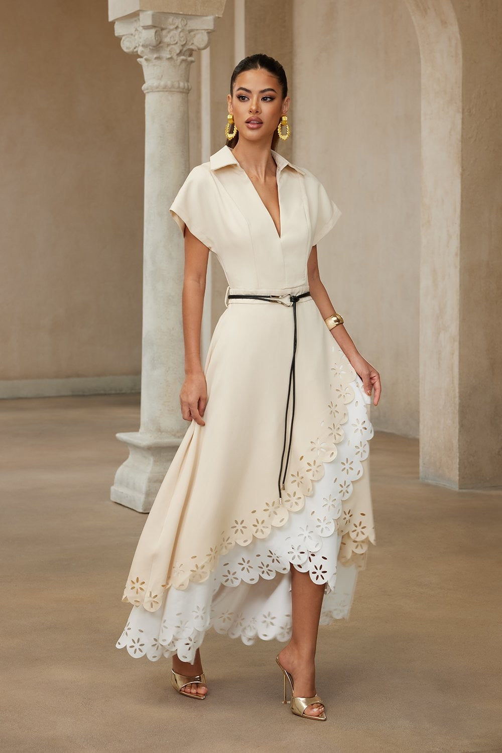 Broderie Anglaise Notch Collar Wrap Midi Dress