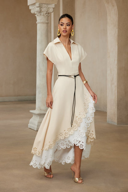Broderie Anglaise Notch Collar Wrap Midi Dress