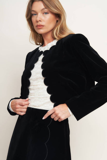 A WOVEN VELVET CROP JACKET AND SKORT SET