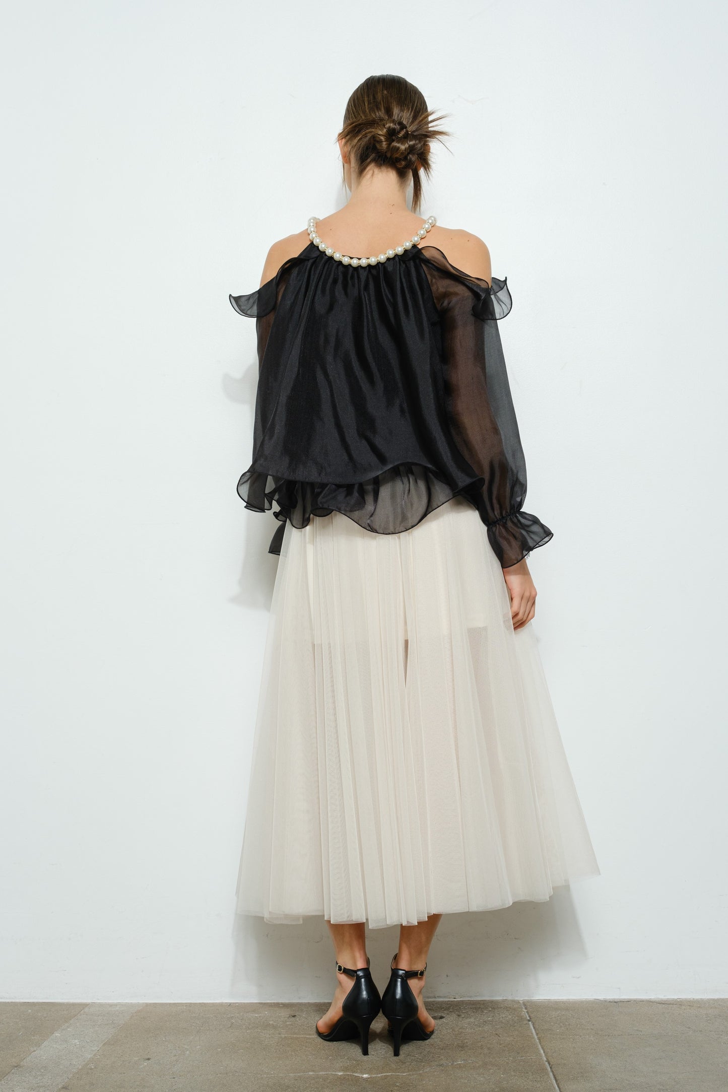 Off-Shoulder Pearl Accent Organza Ruffle Blouse Regular