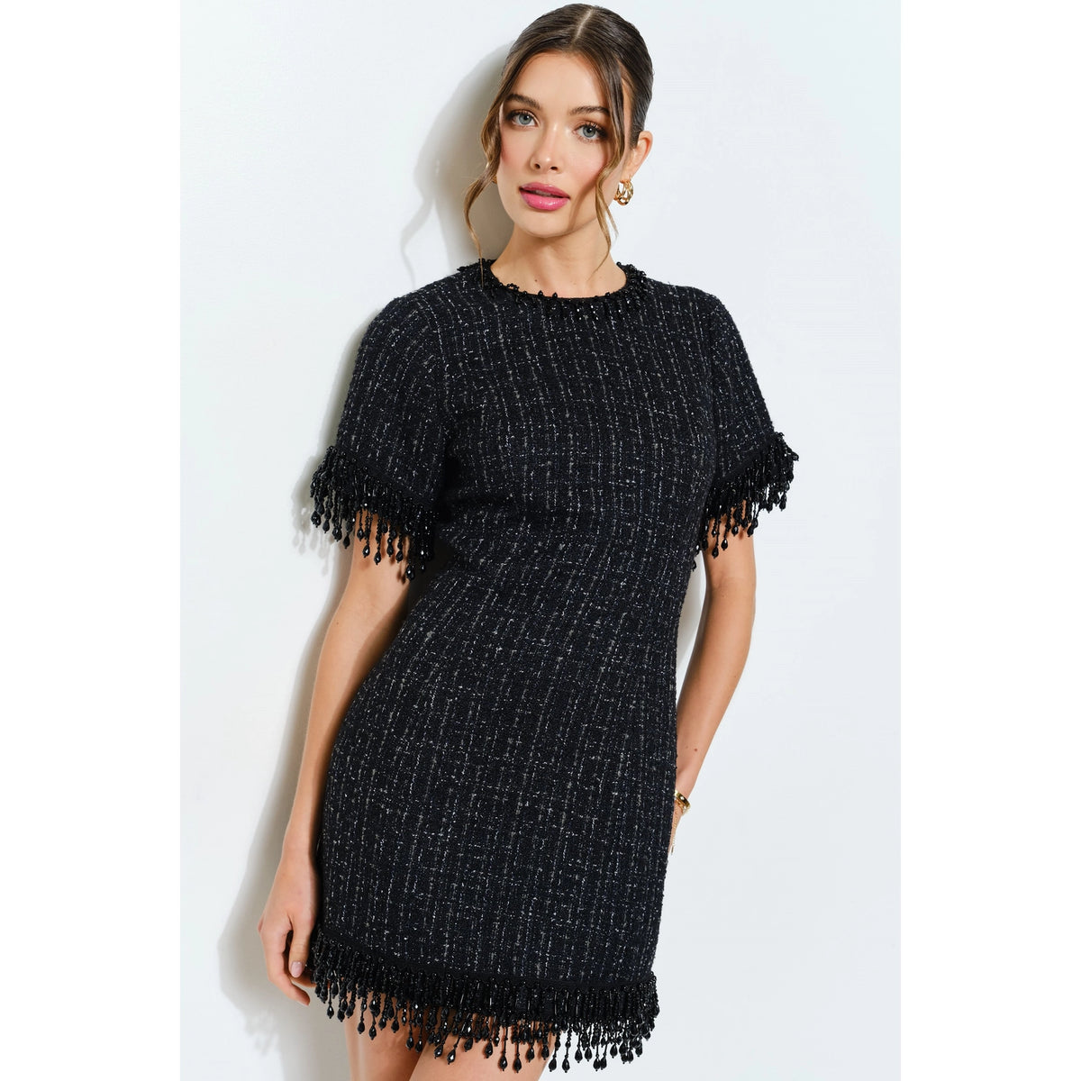 Beaded Fringe Tweed Mini Dress//preorder//