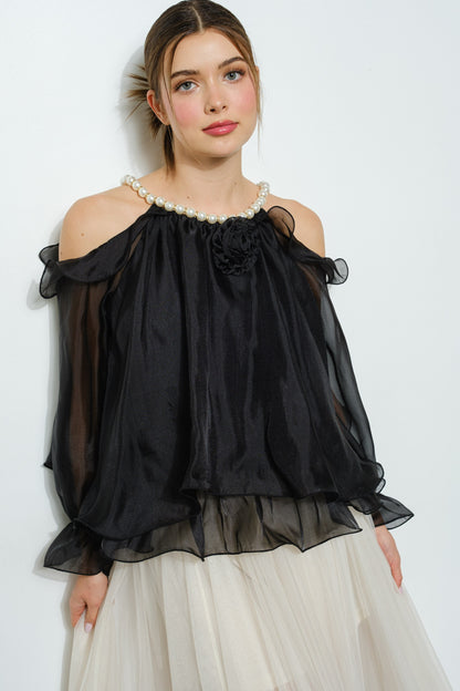 Off-Shoulder Pearl Accent Organza Ruffle Blouse Regular
