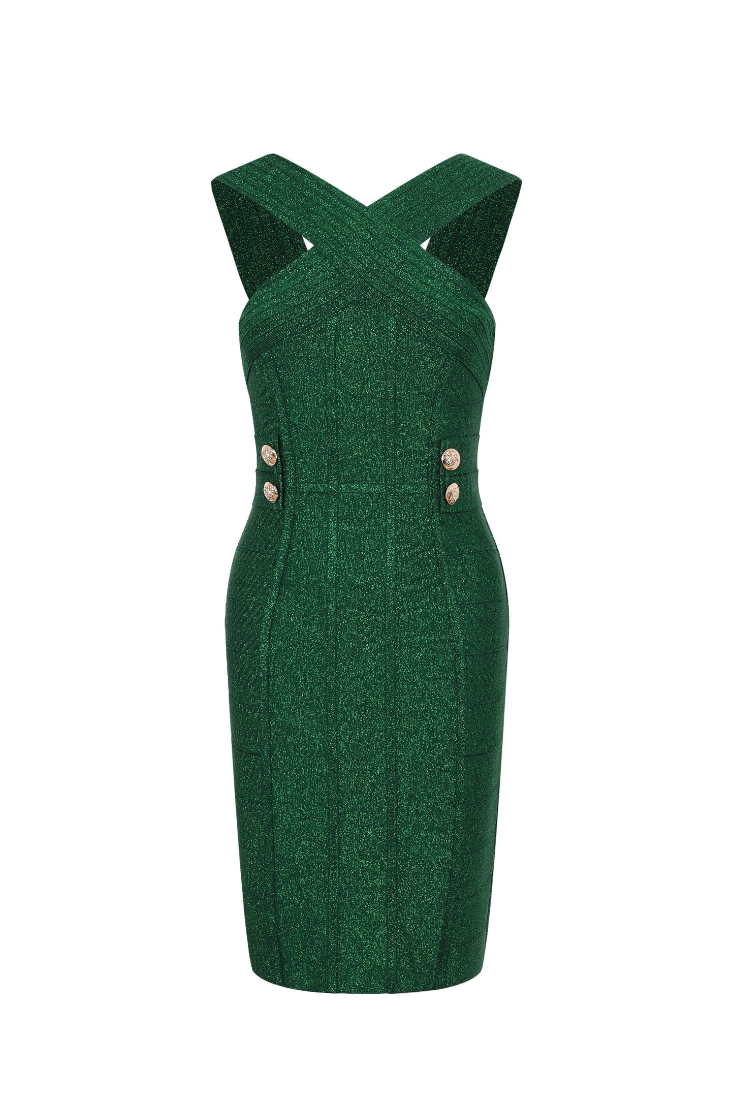 Metallic Bandage Slvls Dress W/ Gold Buttons