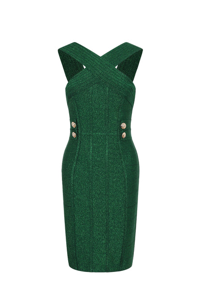 Metallic Bandage Slvls Dress W/ Gold Buttons