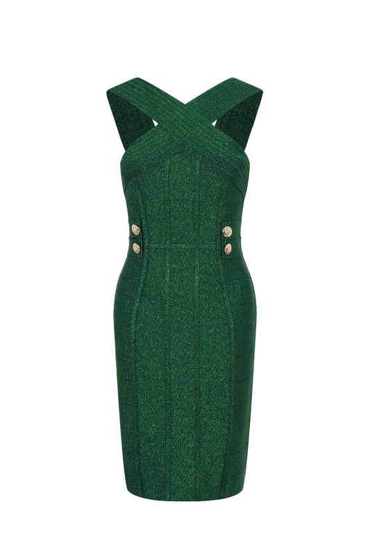 Metallic Bandage Slvls Dress W/ Gold Buttons