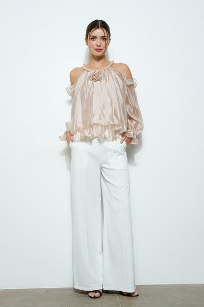 Off-Shoulder Pearl Accent Organza Ruffle Blouse
