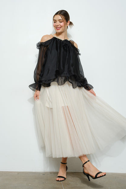 Off-Shoulder Pearl Accent Organza Ruffle Blouse Regular