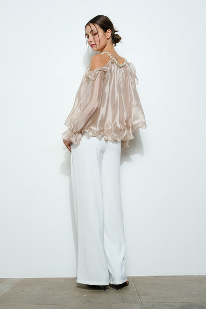 Off-Shoulder Pearl Accent Organza Ruffle Blouse