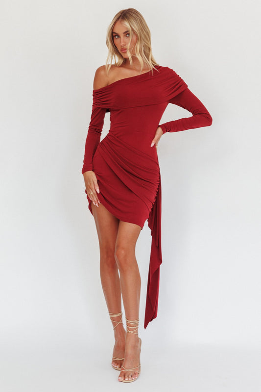 Off Shoulder  Wine Mini Dress