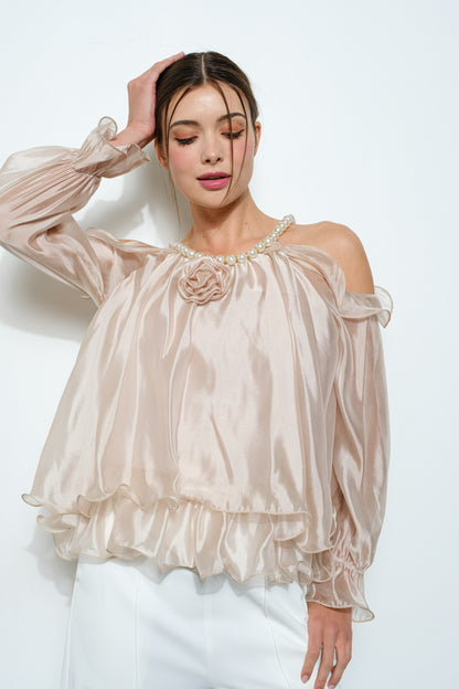 Off-Shoulder Pearl Accent Organza Ruffle Blouse