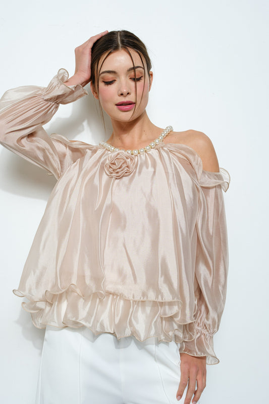 Off-Shoulder Pearl Accent Organza Ruffle Blouse