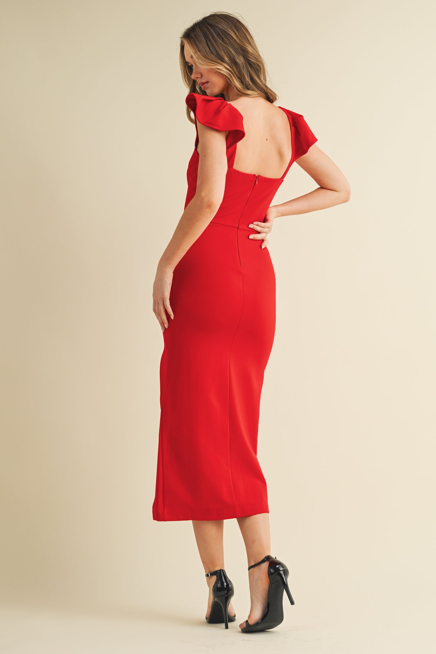 Square Neck Flutter Sleeve Side Slit Midi Dress