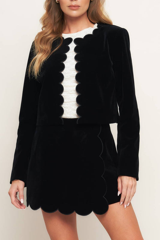 A WOVEN VELVET CROP JACKET AND SKORT SET